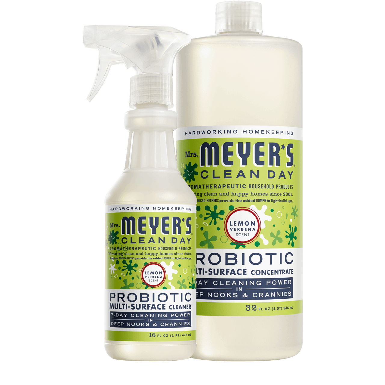 Mrs. Meyers Lemon Verbena Probiotic Multi - Surface Cleaner and Concentrate Set - with Convenient Concentrated Use