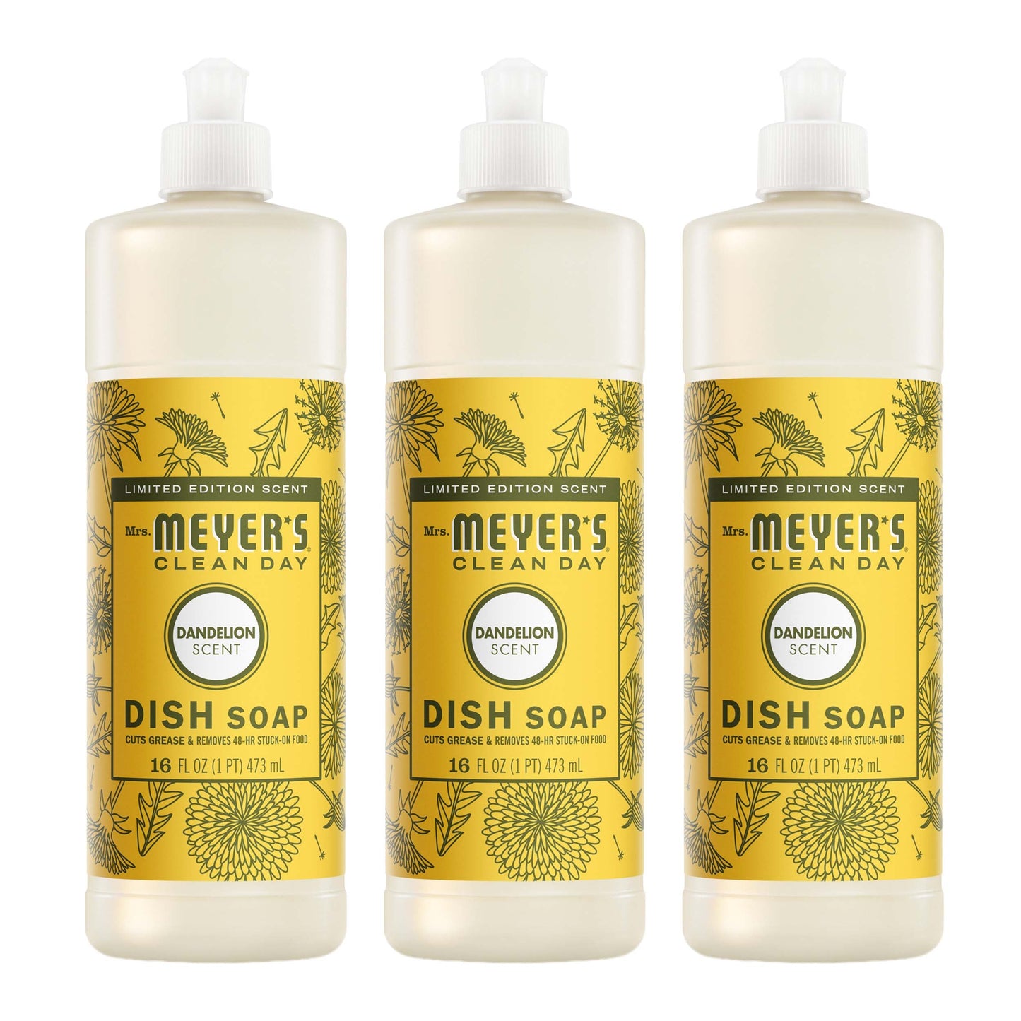 Mrs. Meyers Dandelion Dish Soap 3 - count bundle - with Kitchen Cleanup